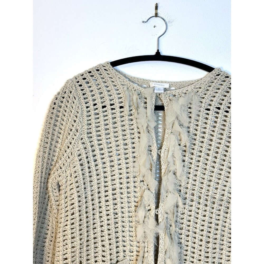 Women Chico's Oatmeal Chunky Open Knit Fringe‎ Cardigan Sweater Size 0 Coastal - Picture 2 of 10